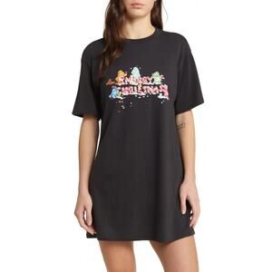 BP. Black Graphic Merry Care Bares Retro Short Sleeve Pajama Sleep Shirt L NWT